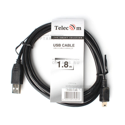 Кабель TELECOM USB2.0 - mini-B, чёрный, 1.8 м. (1/150)